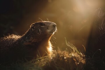 Obraz premium Groundhog in Sunlit Burrow at Dawn - Ideal for Nature and Environmental Themes