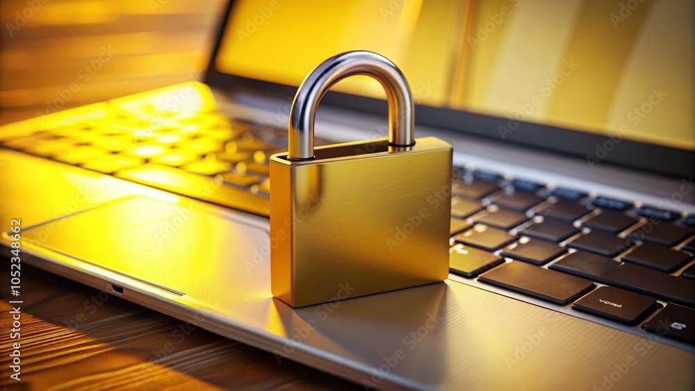 Poster data security concept with 3d rendered yellow folder and lock on laptop for cybersecurity solutions