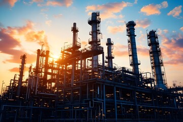 Obraz premium Majestic oil refinery plant glowing under dramatic sunset sky with towering industrial infrastructure and active machinery