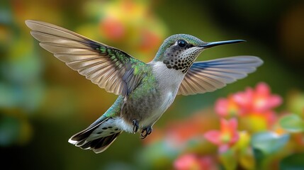 Fototapeta premium A hummingbird in flight, frozen in time, with every feather and rapid wingbeat clearly visible