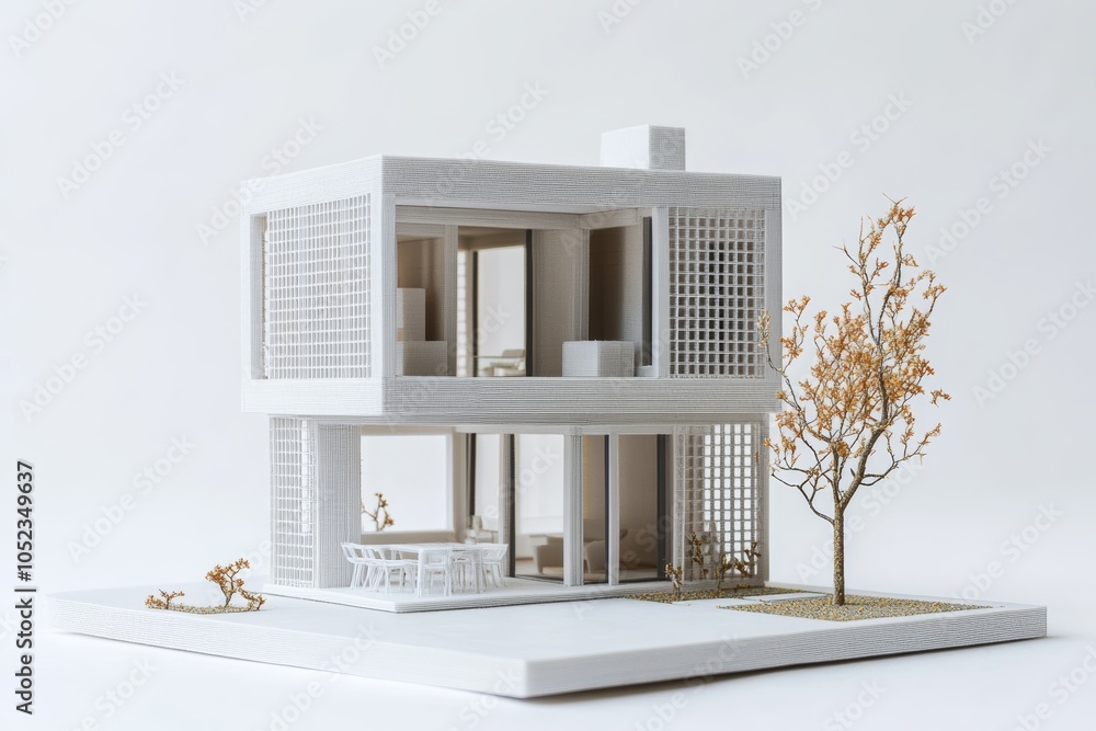 Poster small house model with 3d printed elements, a cutting-edge house model incorporating 3d printed comp