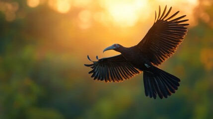 Obraz premium Hornbill Flying Gracefully Over Jungle at Sunset