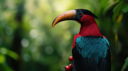 Obraz premium Vibrant Hornbill Picking Fruits from Lush Vine