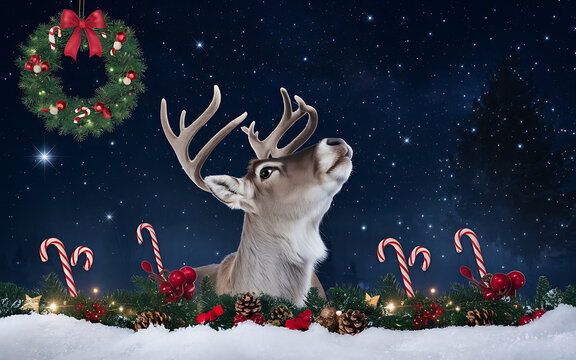 Reindeer gazing at Christmas wreath under starry night sky  red and green  festive and magical  winter holiday   