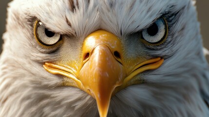 A close-up of a bald eagle's intense gaze, highlighting its sharp beak and piercing eyes.
