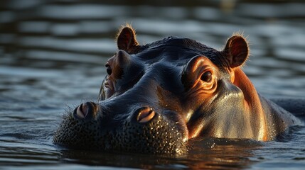Fototapeta premium A close-up of a hippo's face, with its wet skin glistening in the sunlight as it surfaces from the water.