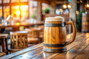 A wooden beer mug sits on a rustic table in a cozy brewery during sunset with warm lighting and wooden decor