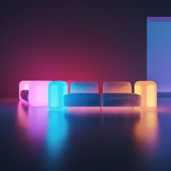 A modern. minimalist living room with a glowing modular sofa and colorful lighting
