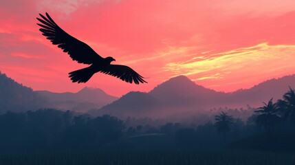 Naklejka premium Kinnari Gliding Over Rice Field at Dusk