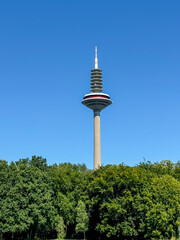 Fototapeta premium Frankfurt, Germany - July 29, 2024: The Europaturm TV tower in Frankfurt 