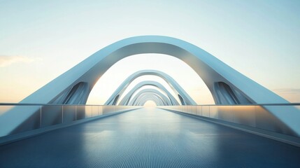 Futuristic symmetrical bridge, sleek curves, metallic finishes, modern design, architectural marvel, urban landscape, innovative engineering
