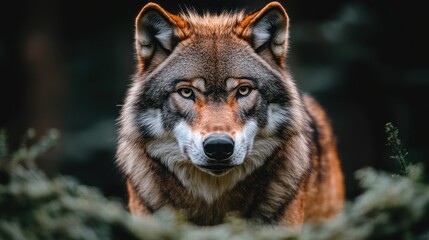 Obraz premium A wolf stares intensely at the camera with a dark forest background.
