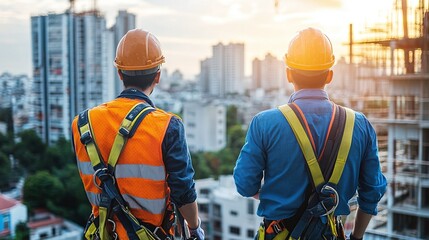 workers engaged in height work using secure safety harnesses, fall prevention gear, scaffolding support, and workplace security for industrial protection and jobsite risk prevention