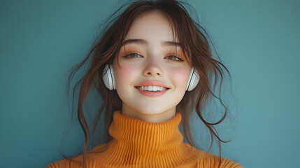 A Cheerful Young Woman Smiling Brightly with Headphones, Wearing an Orange Turtleneck Sweater Against a Soft Blue Background, Highlighting a Relaxed and Joyful Atmosphere