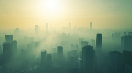 Fototapeta premium Futuristic city skyline shrouded in dense smog, towering structures loom, devoid of greenery, evoking a dystopian atmosphere.