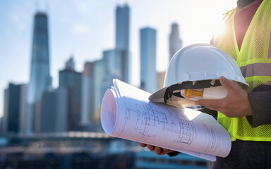 Engineer Holding Blueprints and White Hard Hat with Urban City Background