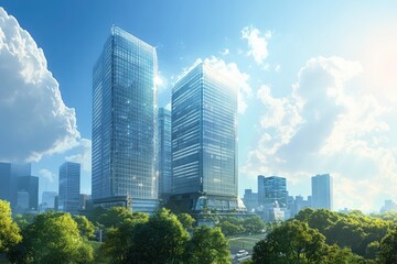 Obraz premium Modern skyscrapers, green trees around the buildings, a blue sky with clouds, and the sun shining through the buildings