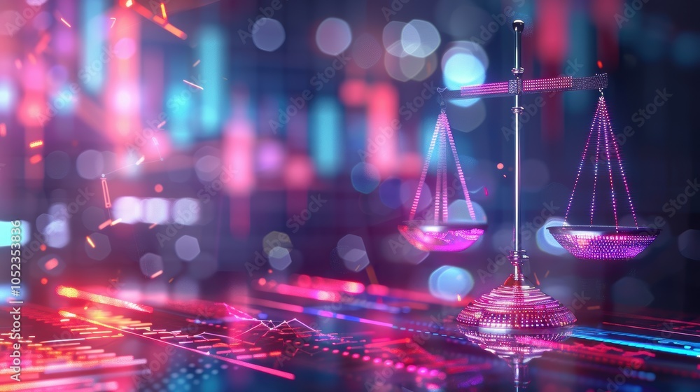 Poster balancing data for informed business decisions - digital scales with graphs and charts