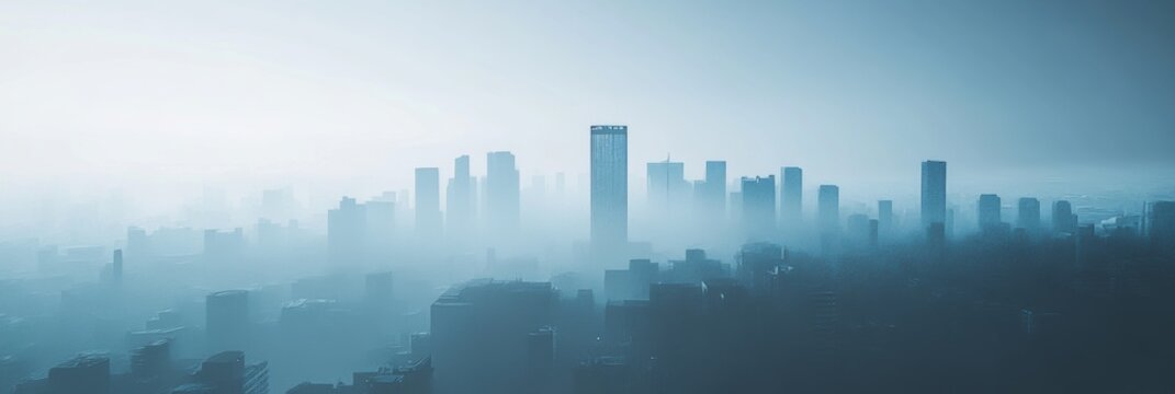 Futuristic city skyline enveloped in thick smog, towering structures loom in a hazy atmosphere, devoid of greenery and life