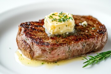 Steak with compound butter, a perfectly cooked steak topped with a melting dollop of compound butter, infused with herbs or other flavors, adding richness to the dish,