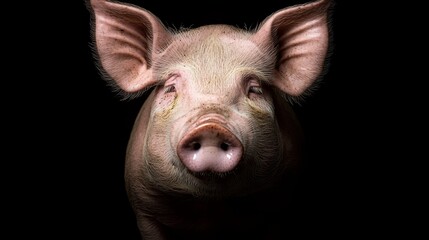 Curious Piglet Closeup Innocence in Pink on Black - Gentle Farm Animal Portrait for Children's Education