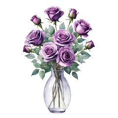 Watercolor purple roses in glass vase with isolated background, Purple rose bouquet with isolated background, Elegant purple roses in vase with isolated background.