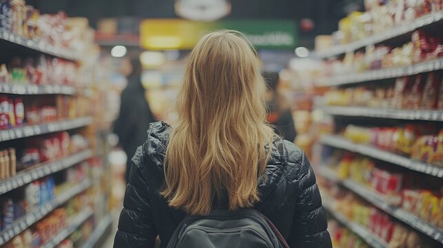 blonde woman grocery shopping with tote bag, picking organic fruits and vegetables, selecting healthy fresh produce, and making natural food choices in a supermarket