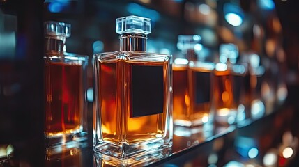 Lot of glass perfume bottles with atomiser. Perfumery. Scented water. Luxury and sophistication. Spa and aromatherapy. Illustration for a cover, postcard, brochure or advert.