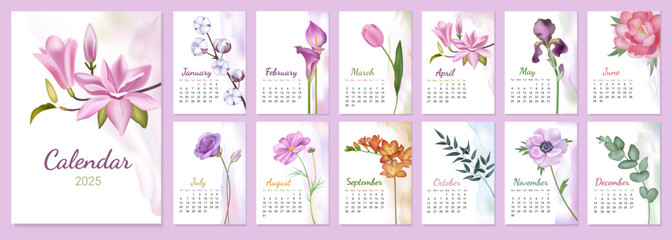 Flower calendar. Minimal floral design or abstract season art template. Nature planner. Blooming blossoms. Organizer sheets. Monthly diary planning. 2025 dates. Vector schedule pages set