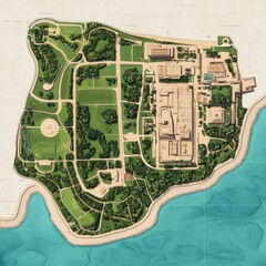 Obraz premium Aerial map view of an island, featuring parks, buildings, and surrounding blue waters, showcasing greenery and layout design.
