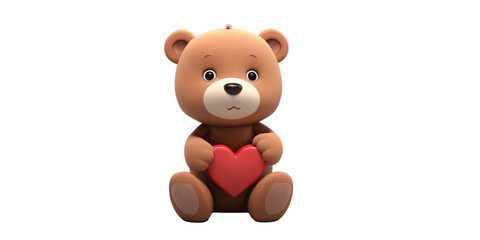 Obraz premium Cute teddy bear holding a red heart symbol, sitting upright.