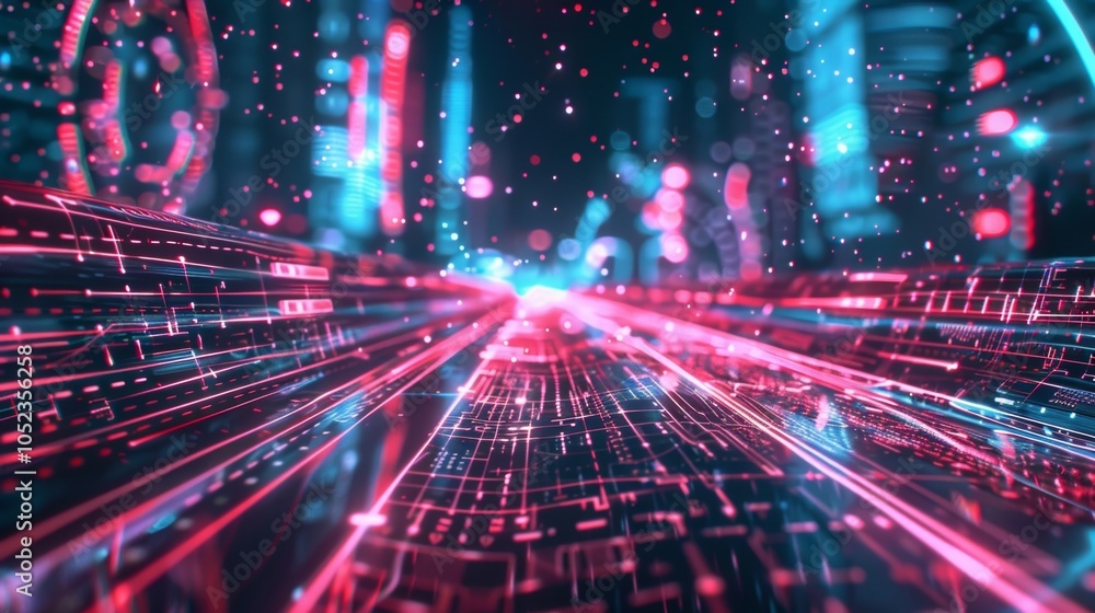 Poster digital data stream is rapidly flowing through cyberspace, creating glowing lines and representing t