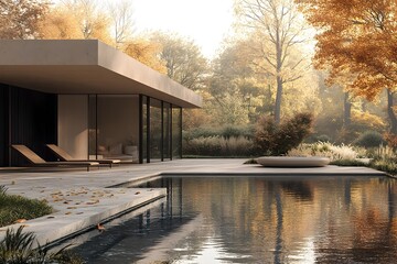Fototapeta premium Stunning Contemporary Luxury Home Nestled in Autumnal Landscape with Reflection Pool