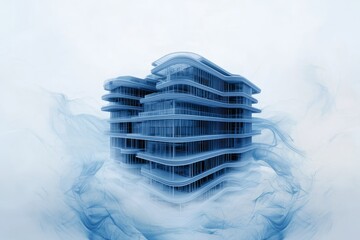 Ethereal Blue Serenity Futuristic Modern Building in Soft Abstract Background - Architectural Elegance and Aspiration
