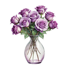Elegant purple roses in vase with isolated background, Watercolor purple roses in glass vase with isolated background, Realistic purple rose arrangement with isolated background.