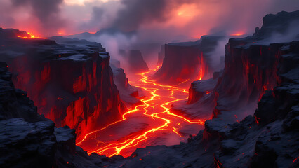 Volcanic a deep canyon where sparkling rivers of molten lava flow