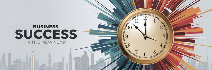A gold clock with black hands and a cityscape in the background  New Year business success   