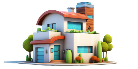Obraz premium Modern two-story house with vibrant colors and lush greenery in a serene setting.