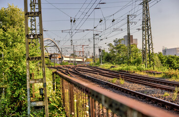 Frankfurt, Germany - July 29, 2024: Views of the Alte Niederräder Brücke railway bridge over the River Main in Frankfurt
