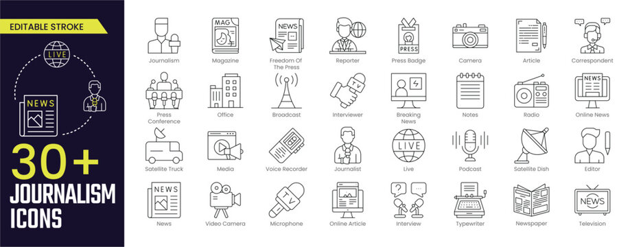 Journalism Stroke icon collections. Containing Magazine, Reporter, Camera, Press Badge, Camera, Article, Office, Broadcast, and Online Article icons. Editable Stroke icon collection Outline icon