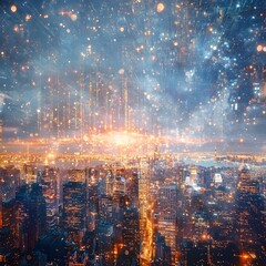 Fototapeta premium Dazzling Quantum Teleportation Across Futuristic City Skyline at Night