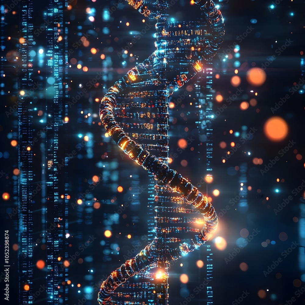 Poster dna strand transforming into digital code through futuristic machine