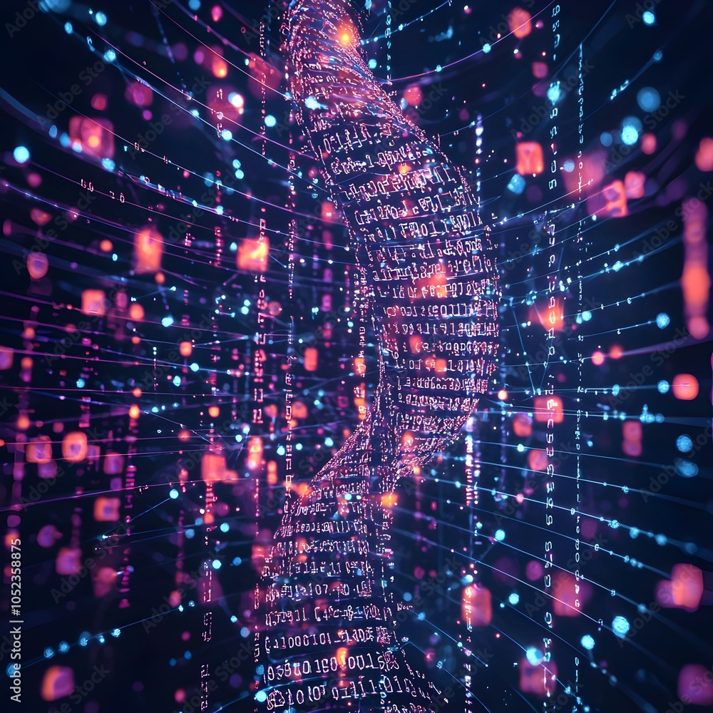 Poster dna strand transforming into digital code in futuristic machine