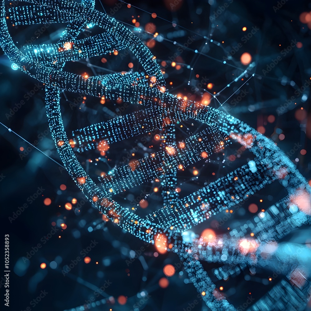 Poster dna strand transforming into digital code through futuristic machine symbolizing biology and technol