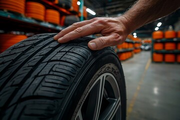Industrial Strength Close-Up of Car Tire with Human Touch in Tire Warehouse Setting - Reliable, Detailed, Metallic - Automotive Industry Concept