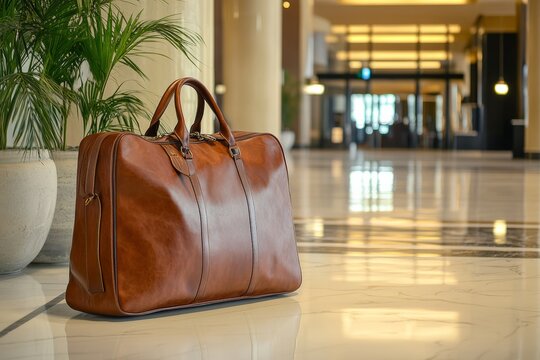 Travel luggage bag in lobby, a travel bag positioned in a hotel lobby, ready for check-in, - Powered by Adobe