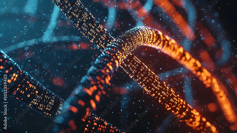 Poster visualization of dna fused with streams of digital information showcasing binary data
