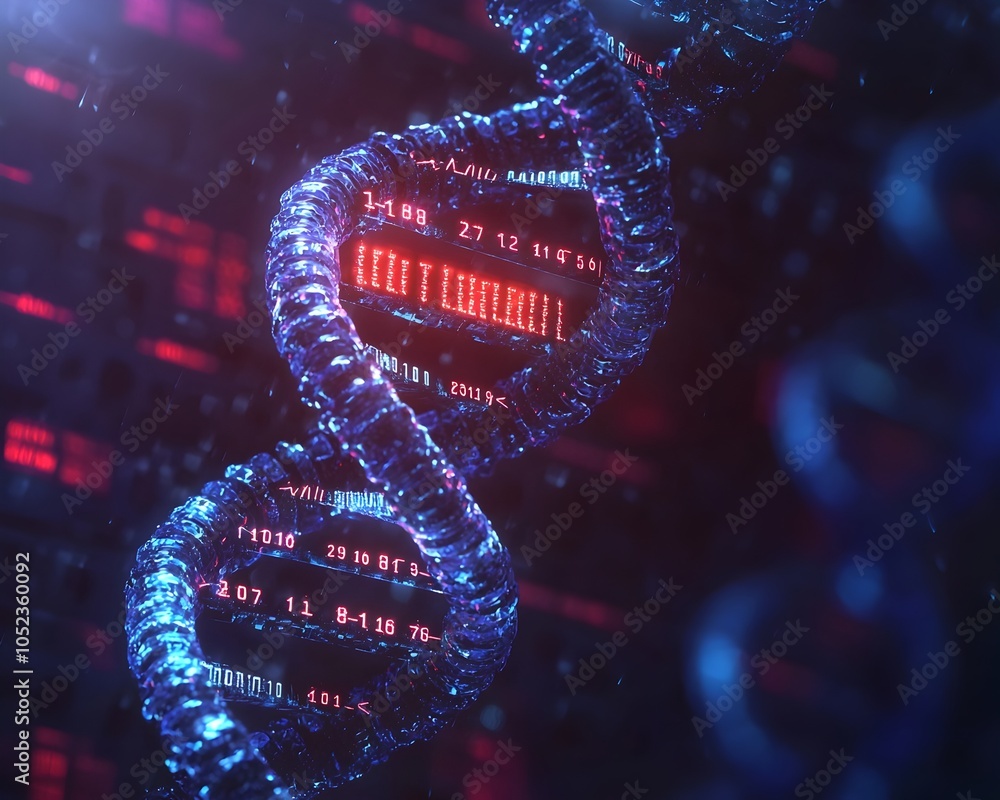 Poster encrypted dna strands storing futuristic digital data concept of secure and durable genetic data sto