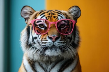 Portrait of a Cool Tiger Wearing Pink Sunglasses Against a Colorful Background with Copy Space
