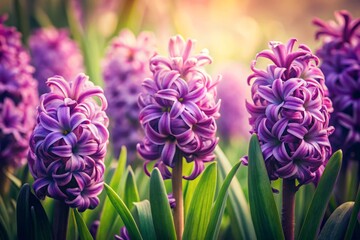 Obraz premium Vibrant Purple Hyacinths in Sunlit Field
